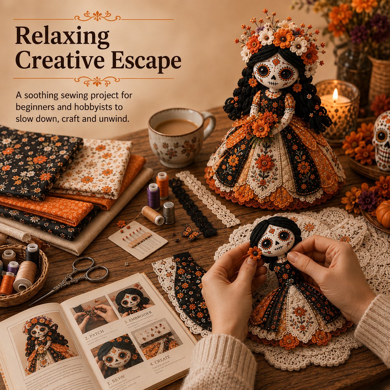 Day of the Dead Patchwork Doll DIY Sewing Kit – Handmade Fabric Doll Making Kit with Floral Details