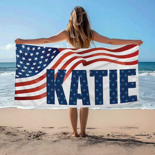 Personalized American Flag Big Bold Name Beach Towel