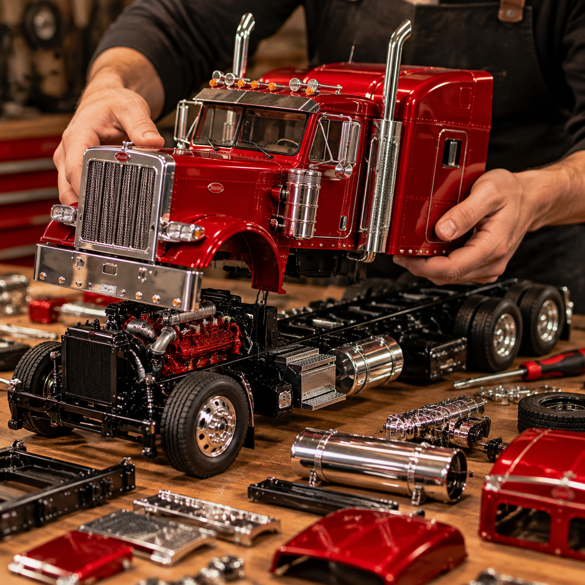 🔥LAST DAY 49% Candy Apple Red American Truck Model Kit – Build Your Own Classic Semi Truck