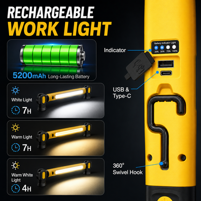 🔥 Limited Time 50% OFF  3000LM Rechargeable LED Work Light – 5200mAh Magnetic Garage Repair Light