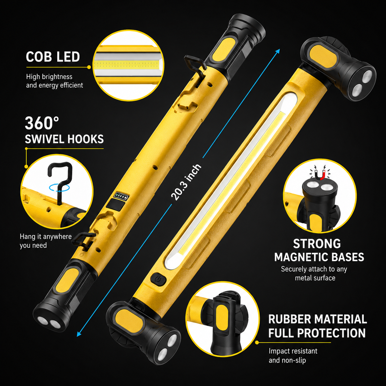 🔥 Limited Time 50% OFF  3000LM Rechargeable LED Work Light – 5200mAh Magnetic Garage Repair Light