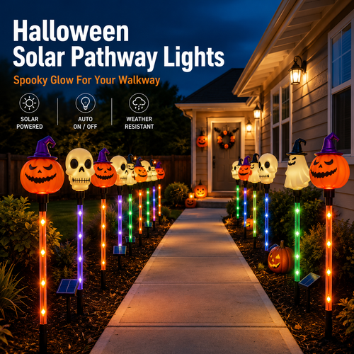 🎃 6-Light Solar Halloween Pathway Set – 1 Panel Powers 6 Lights 👻