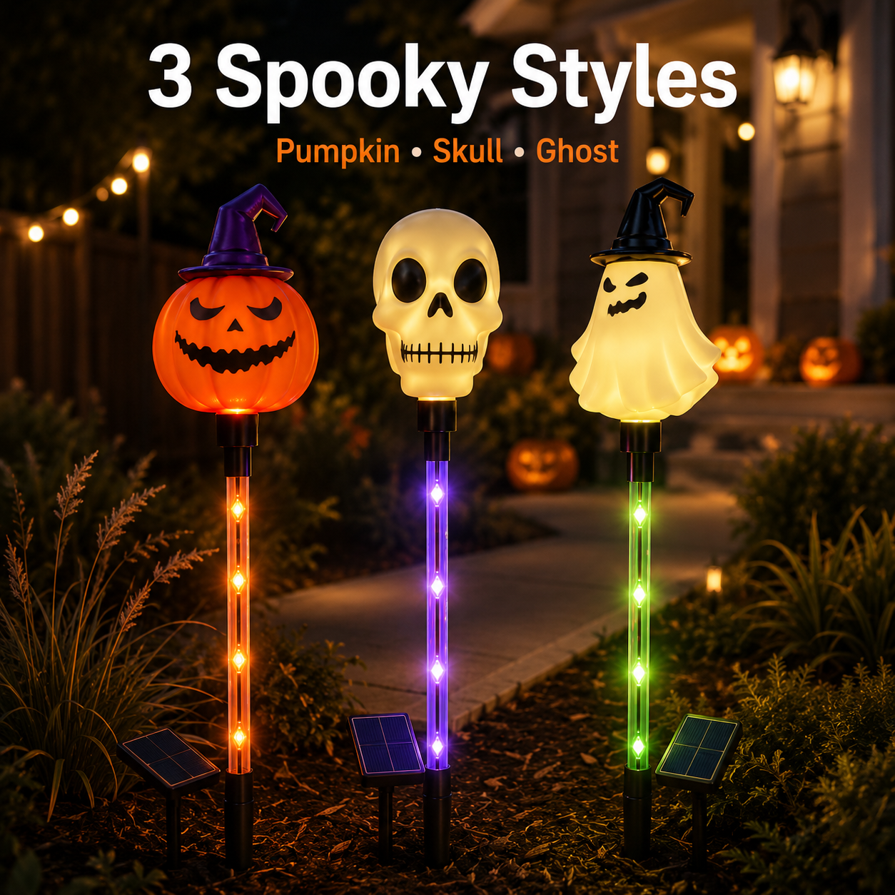 🎃 6-Light Solar Halloween Pathway Set – 1 Panel Powers 6 Lights 👻