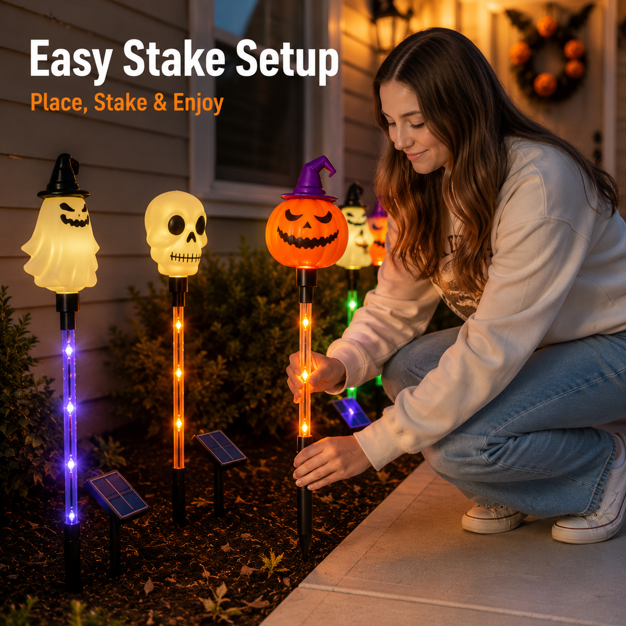 🎃 6-Light Solar Halloween Pathway Set – 1 Panel Powers 6 Lights 👻