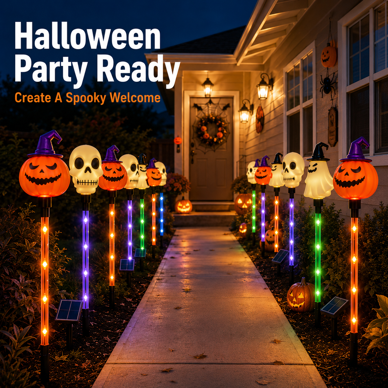 🎃 6-Light Solar Halloween Pathway Set – 1 Panel Powers 6 Lights 👻