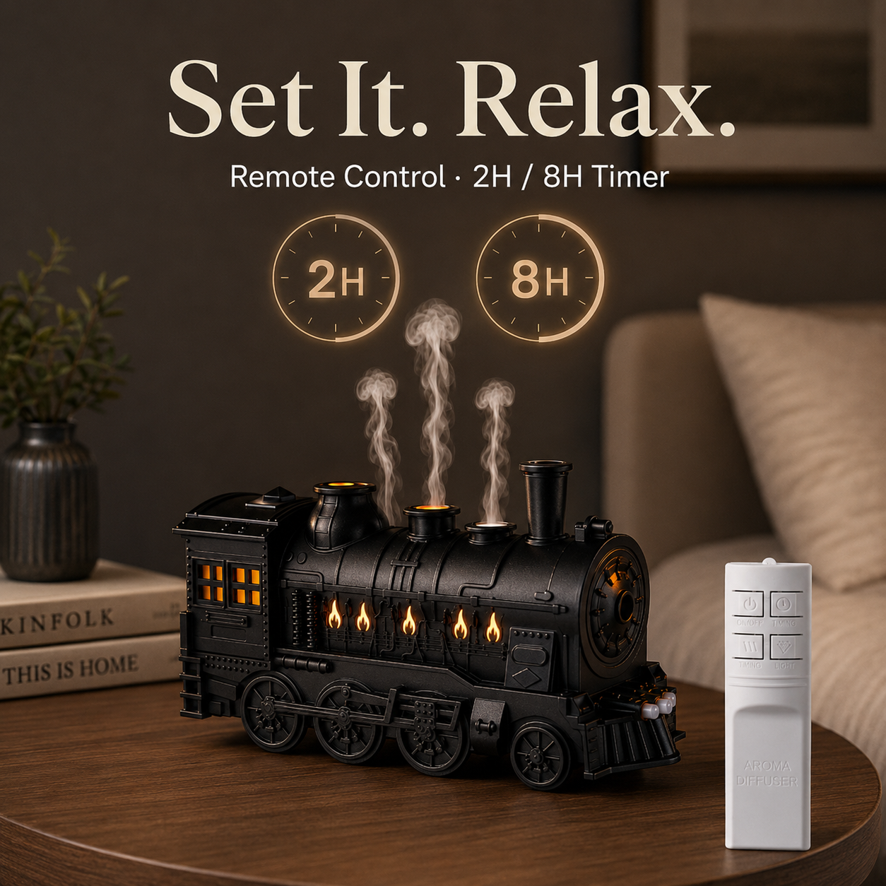 🚂 Vintage Steam Train Aroma Diffuser with Warm Light & Remote