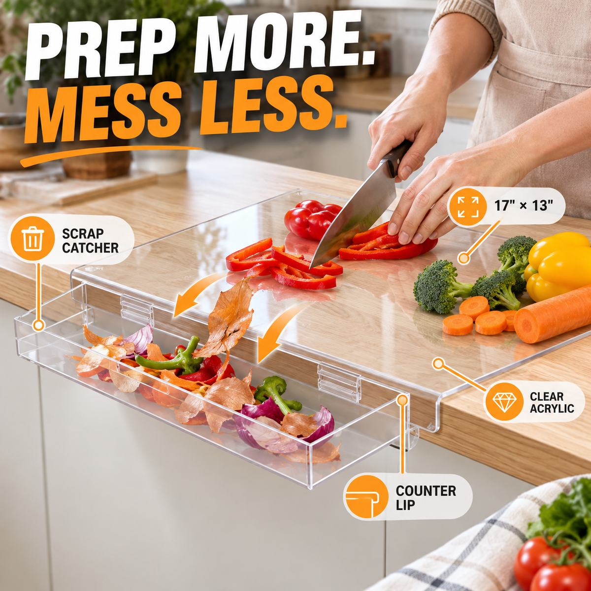 🥕 Clear Acrylic Cutting Board with Scrap Catcher – 17×13 In ✨