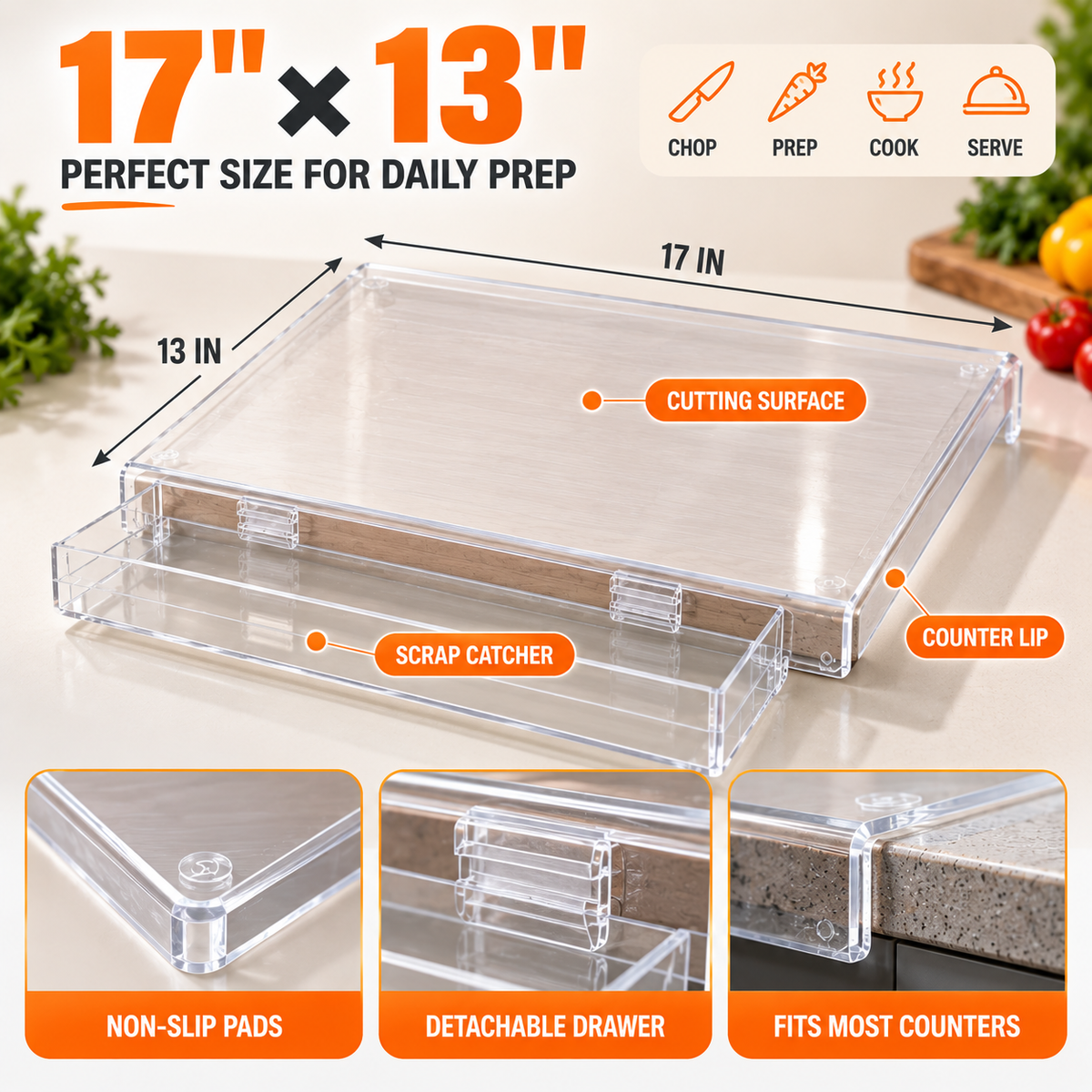 🥕 Clear Acrylic Cutting Board with Scrap Catcher – 17×13 In ✨