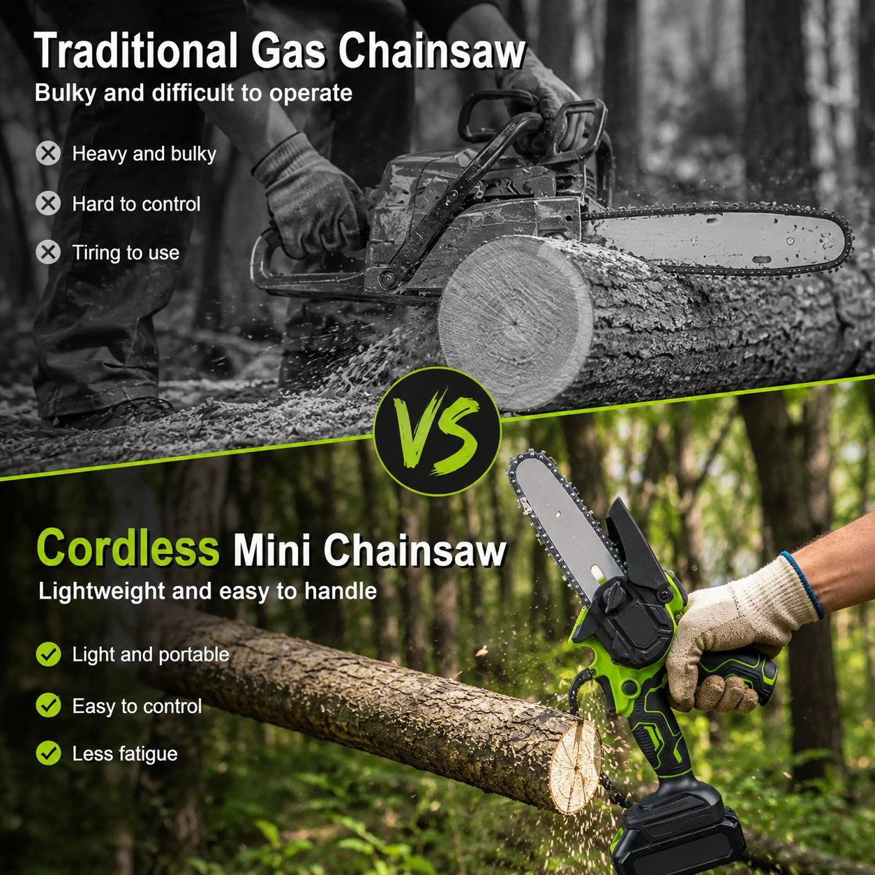 🌿 6-Inch Cordless Mini Chainsaw – Brushless 900W Pruning Saw with 2 Batteries