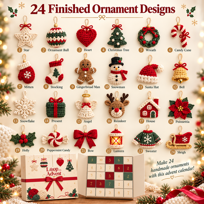 🎄 24-Day Crochet Christmas Advent Calendar – 24 Surprise DIY Ornament Kits to Make & Hang 🧶