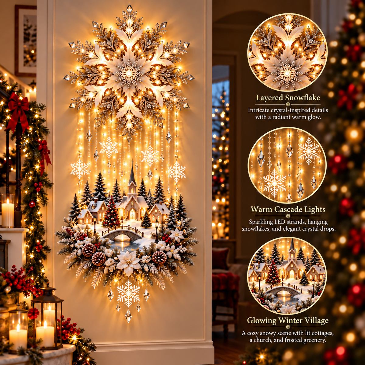 🎄 Christmas Snowflake Cascading Wall Light – Warm White Winter Village Decor ✨