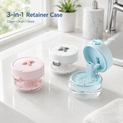 3-in-1 Retainer Soak Case with Drain Tray. Mirror & Cleaning Brush for Aligners & Dentures