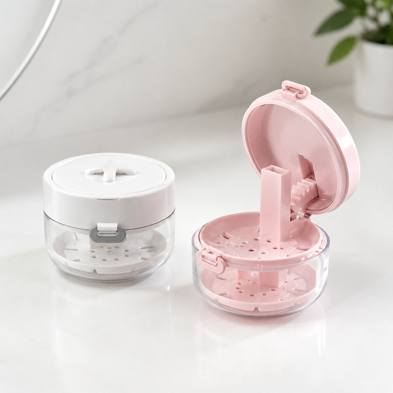 3-in-1 Retainer Soak Case with Drain Tray. Mirror & Cleaning Brush for Aligners & Dentures