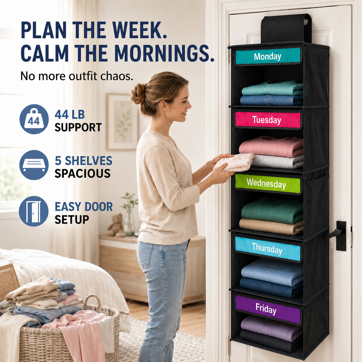🎁 50% OFF TODAY 👗 5-Day Hanging Outfit Organizer ✨ Plan 5 Outfits. Grab & Go.