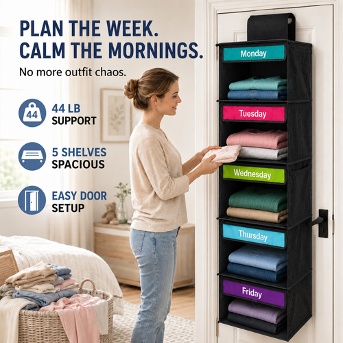 🎁 50% OFF TODAY 👗 5-Day Hanging Outfit Organizer ✨ Plan 5 Outfits. Grab & Go.