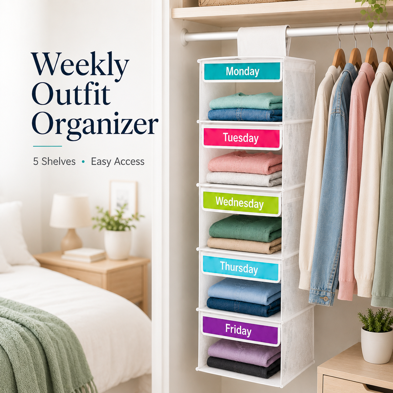 🎁 50% OFF TODAY 👗 5-Day Hanging Outfit Organizer ✨ Plan 5 Outfits. Grab & Go.