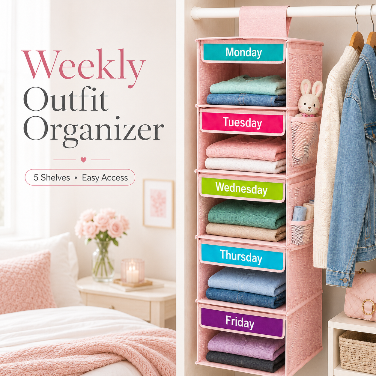 🎁 50% OFF TODAY 👗 5-Day Hanging Outfit Organizer ✨ Plan 5 Outfits. Grab & Go.