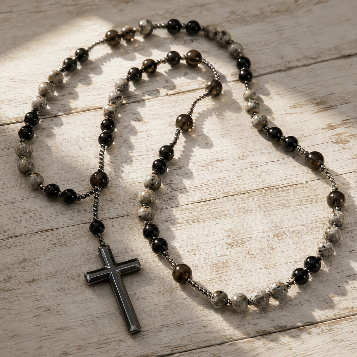 ✝️ Obsidian & Yooperlite Rosary Necklace – UV Glow Cross Jewelry ✨