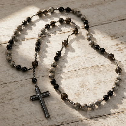 ✝️ Obsidian & Yooperlite Rosary Necklace – UV Glow Cross Jewelry ✨