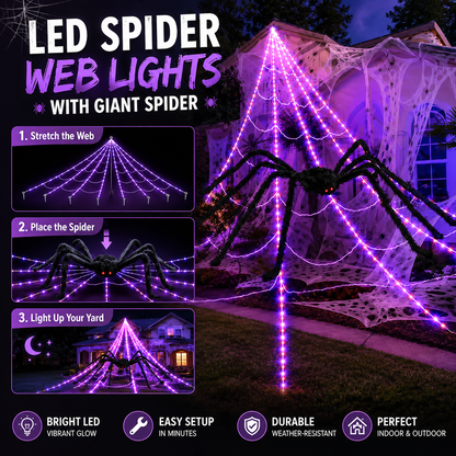 🔥🕷️250-LED Spider Web Lights with Giant Black Spider – 8 Modes & Remote
