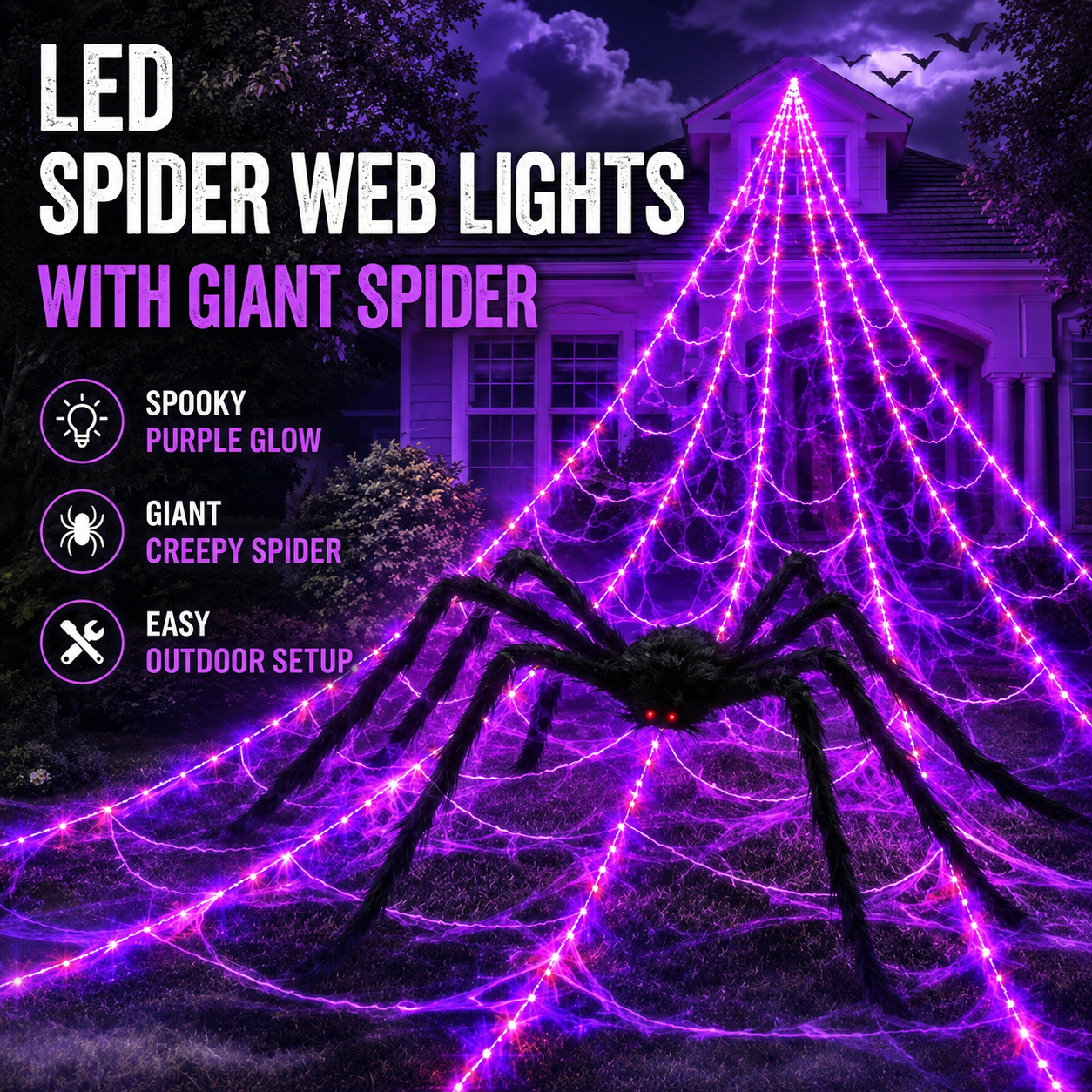 🔥🕷️250-LED Spider Web Lights with Giant Black Spider – 8 Modes & Remote
