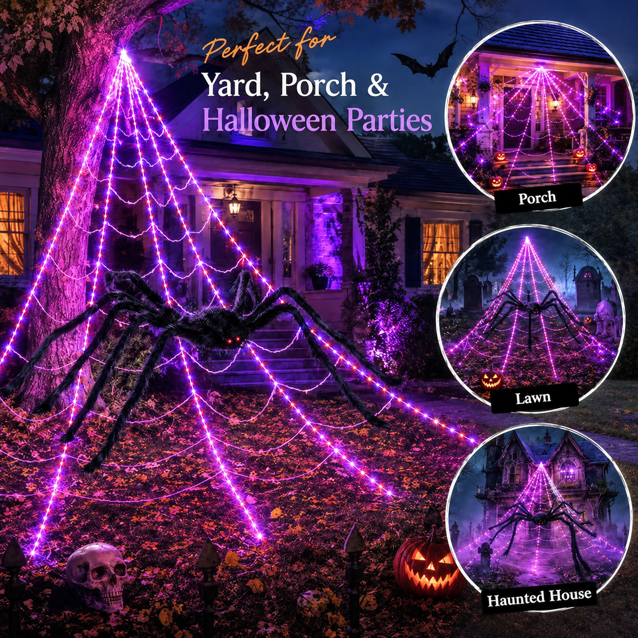 🔥🕷️250-LED Spider Web Lights with Giant Black Spider – 8 Modes & Remote