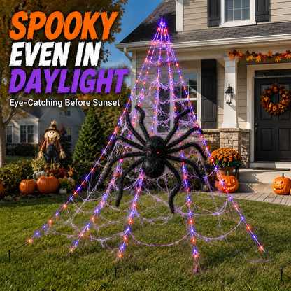 🔥🕷️250-LED Spider Web Lights with Giant Black Spider – 8 Modes & Remote