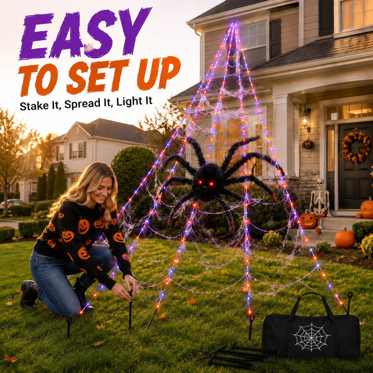 🔥🕷️250-LED Spider Web Lights with Giant Black Spider – 8 Modes & Remote