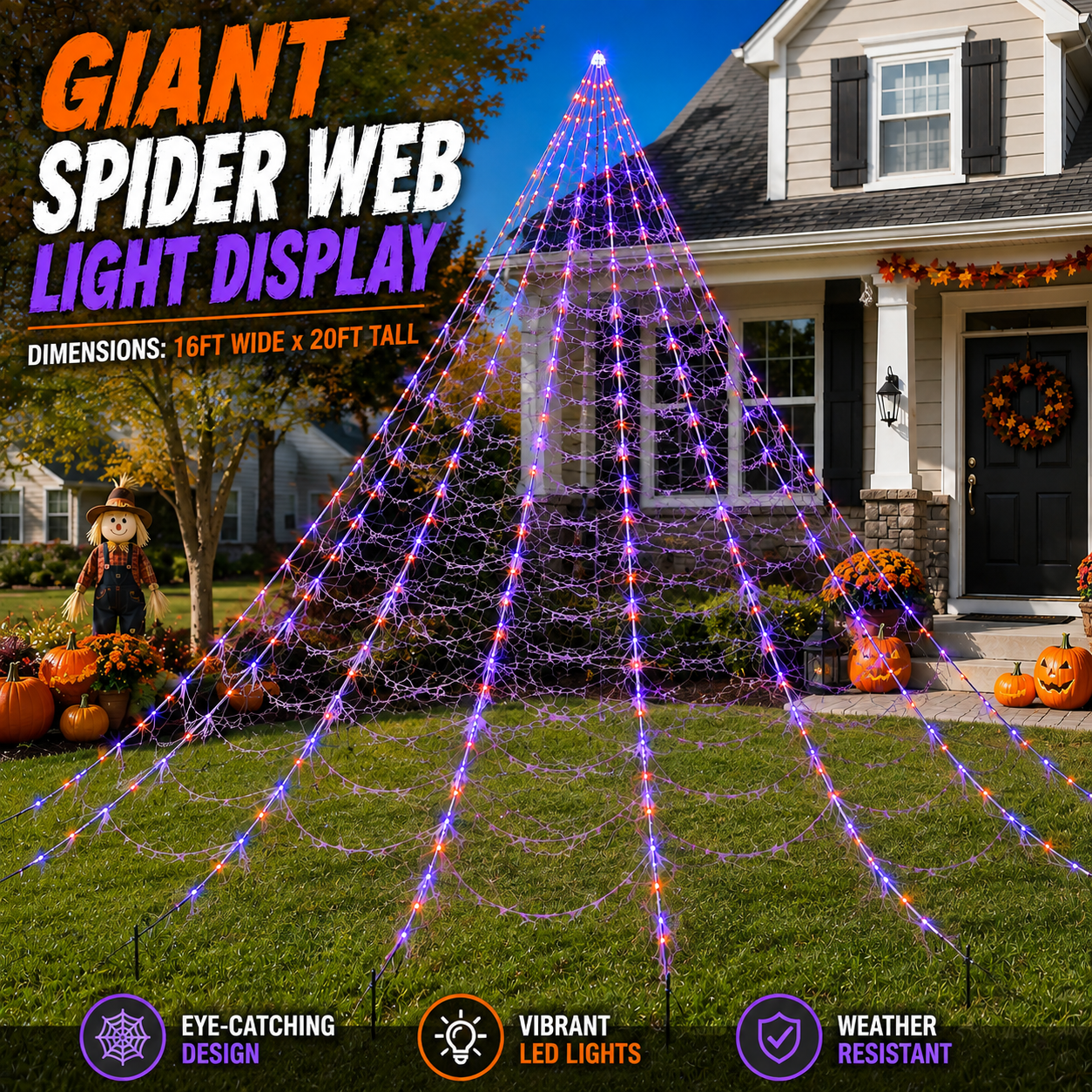 🔥🕷️250-LED Spider Web Lights with Giant Black Spider – 8 Modes & Remote