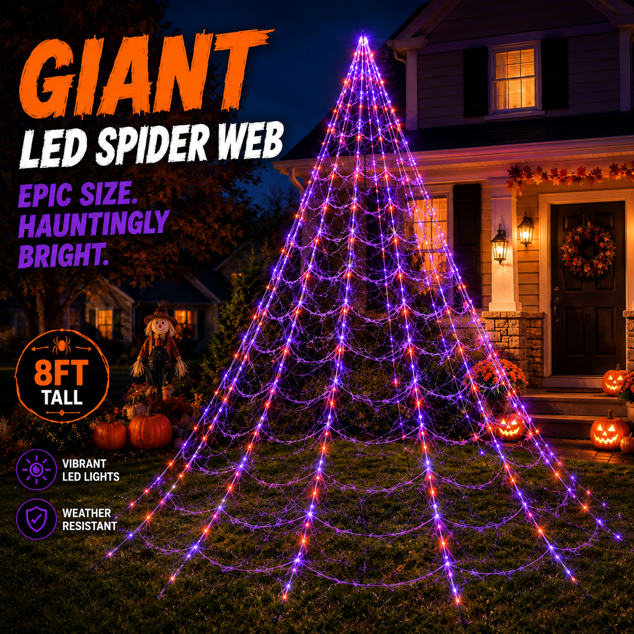 🔥🕷️250-LED Spider Web Lights with Giant Black Spider – 8 Modes & Remote