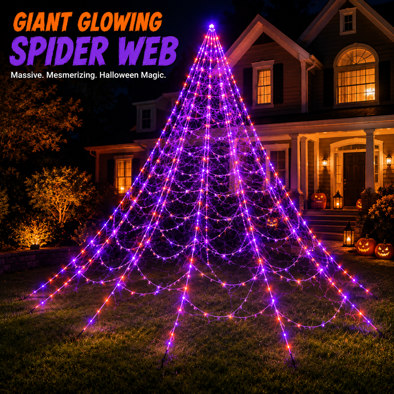 🔥🕷️250-LED Spider Web Lights with Giant Black Spider – 8 Modes & Remote