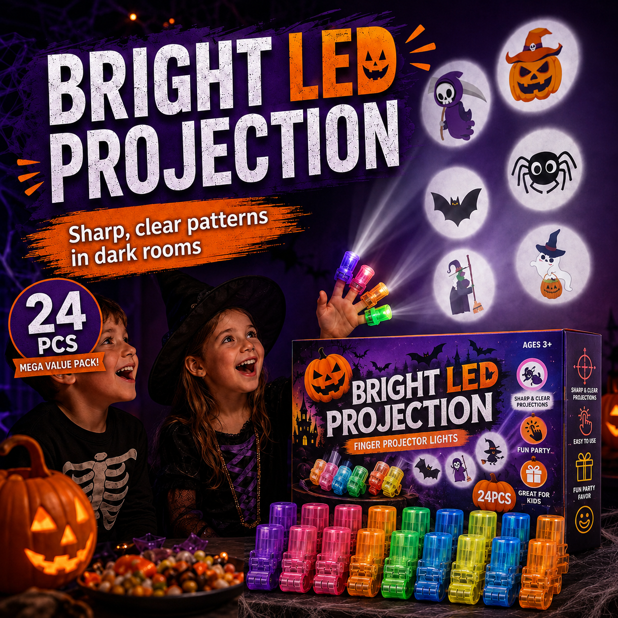 🎃🍬24PCS Halloween Finger Projectors – Fun Party Favor Lights