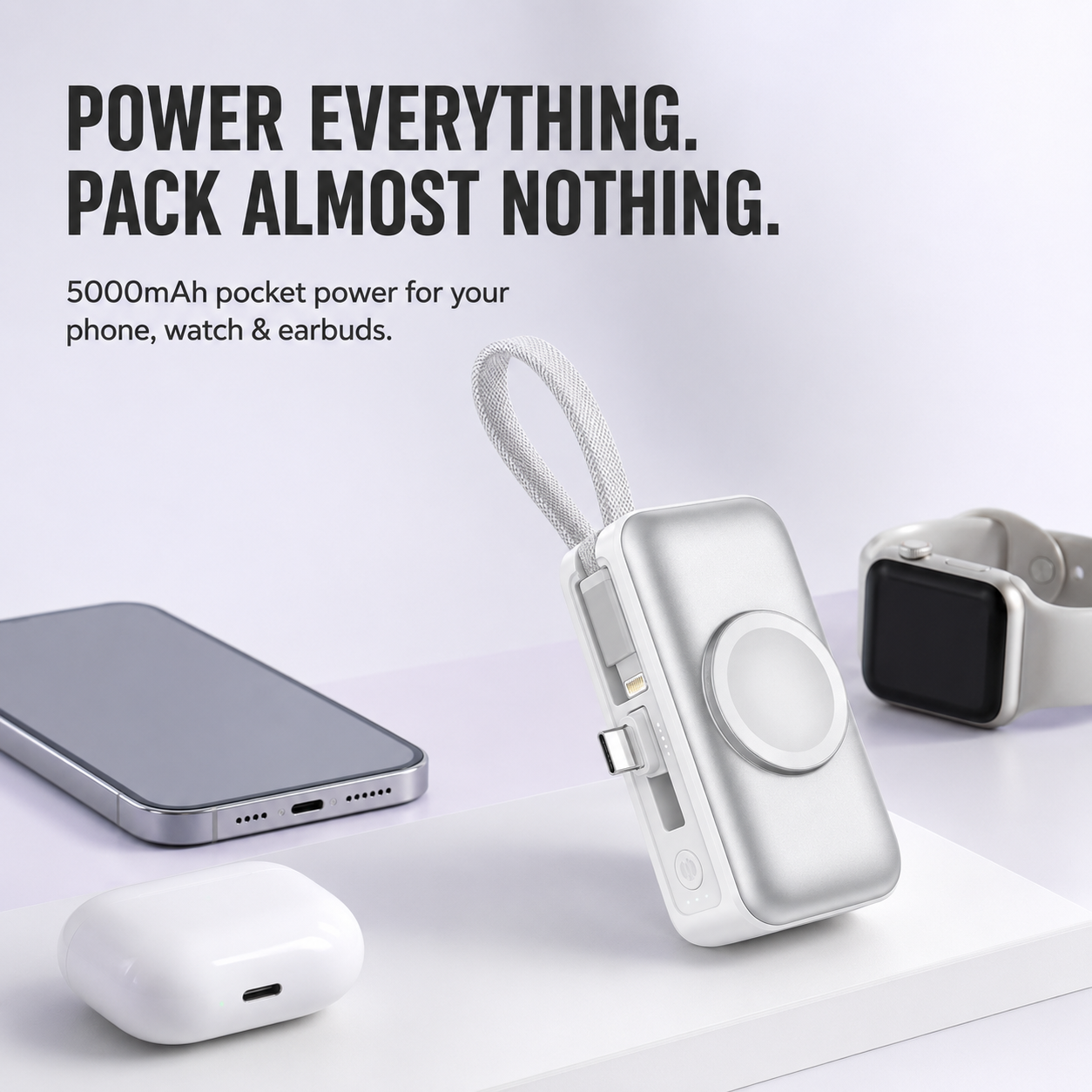🔥50% OFF TODAY🔋 3-in-1 Mini Power Bank – Phone, Watch & Foldable Stand