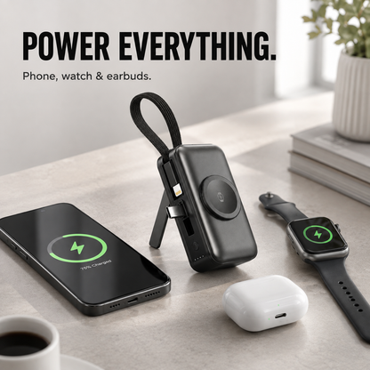 🔥50% OFF TODAY🔋 3-in-1 Mini Power Bank – Phone, Watch & Foldable Stand