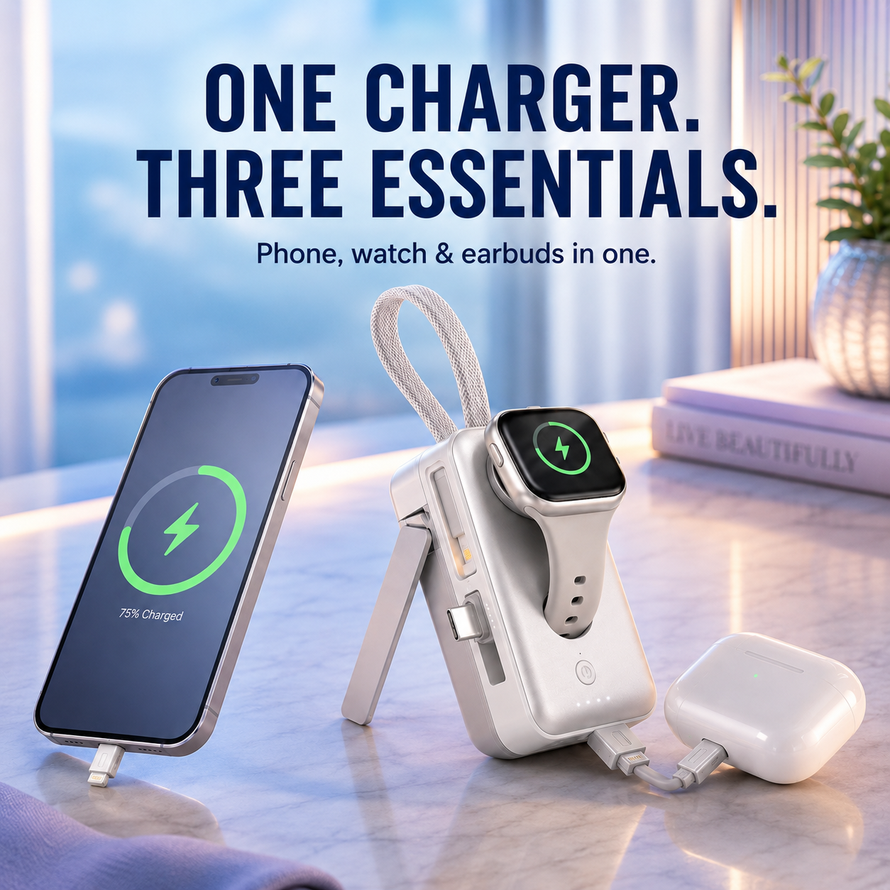 🔥50% OFF TODAY🔋 3-in-1 Mini Power Bank – Phone, Watch & Foldable Stand