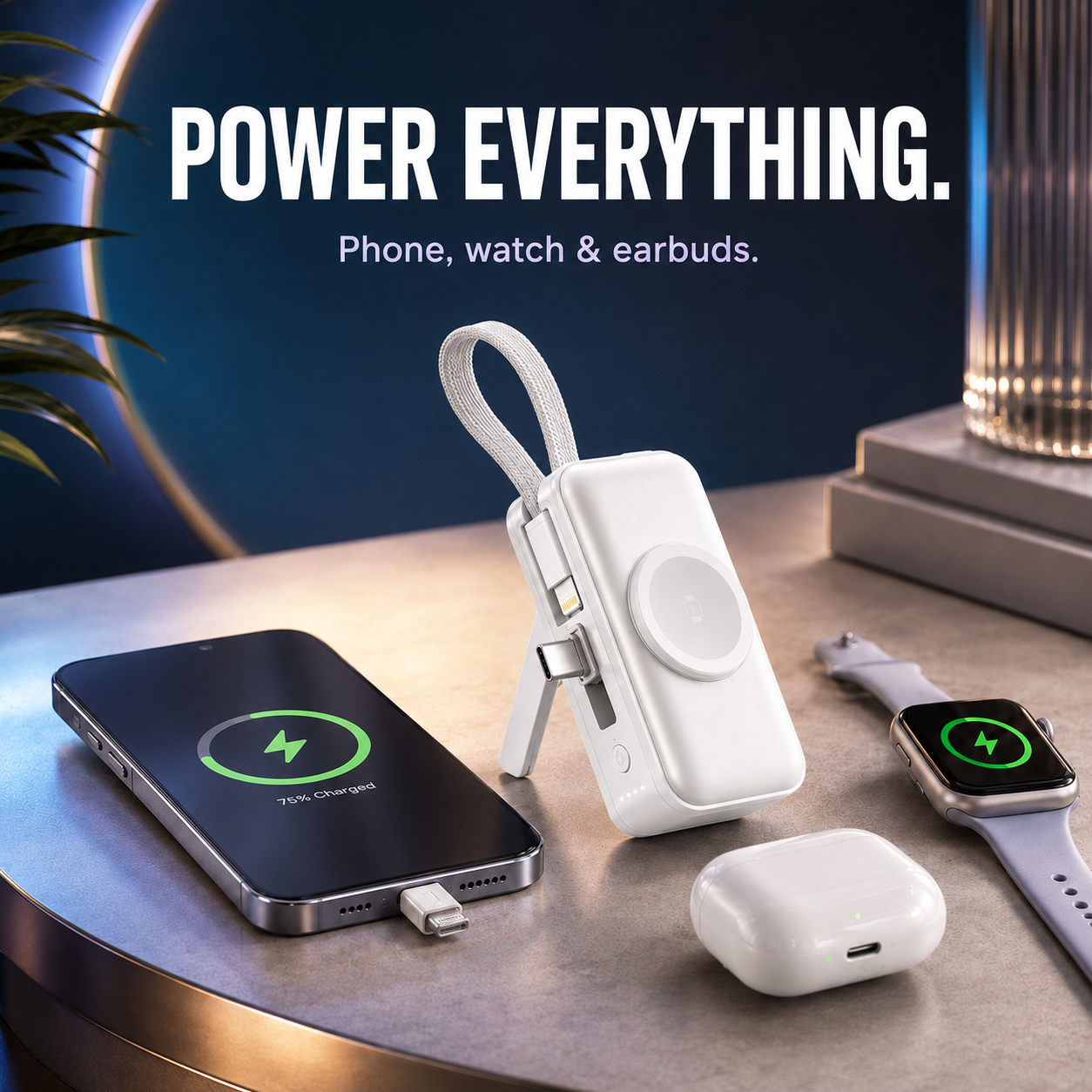 🔥50% OFF TODAY🔋 3-in-1 Mini Power Bank – Phone, Watch & Foldable Stand