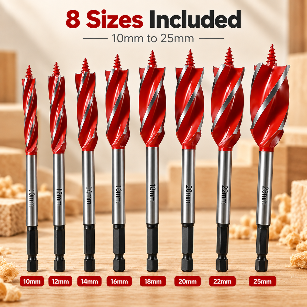 💯🔥8PCS Complete Wood Drilling Set – 10–25mm Heavy-Duty 4-Flute Bits for Every Job
