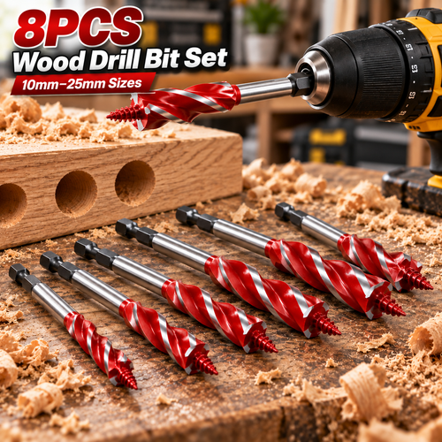 💯🔥8PCS Complete Wood Drilling Set – 10–25mm Heavy-Duty 4-Flute Bits for Every Job