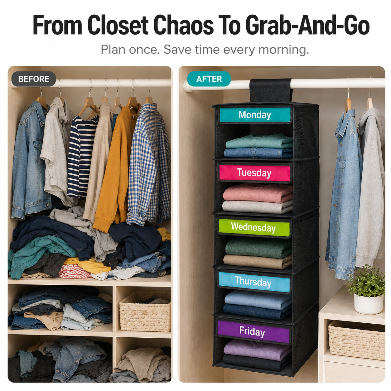 🎁 50% OFF TODAY 👗 5-Day Hanging Outfit Organizer ✨ Plan 5 Outfits. Grab & Go.