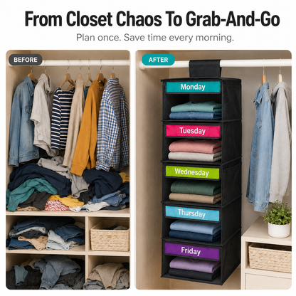 🎁 50% OFF TODAY 👗 5-Day Hanging Outfit Organizer ✨ Plan 5 Outfits. Grab & Go.