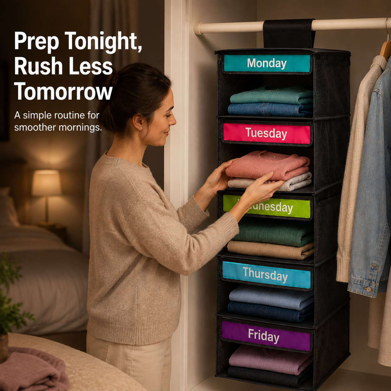 🎁 50% OFF TODAY 👗 5-Day Hanging Outfit Organizer ✨ Plan 5 Outfits. Grab & Go.