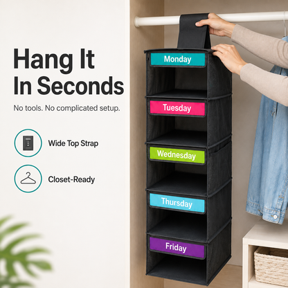 🎁 50% OFF TODAY 👗 5-Day Hanging Outfit Organizer ✨ Plan 5 Outfits. Grab & Go.
