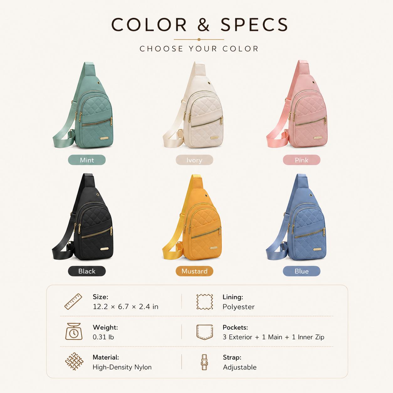 Solid Color Quilted Fanny Pack for Women - Large Capacity