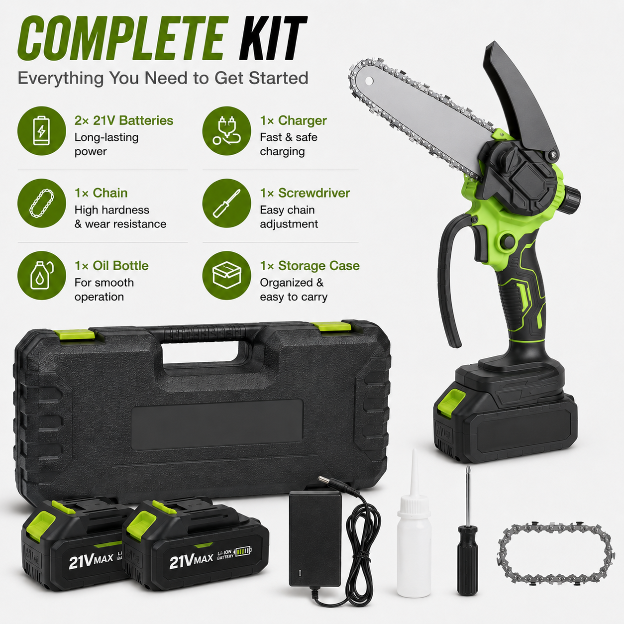 🌿 6-Inch Cordless Mini Chainsaw – Brushless 900W Pruning Saw with 2 Batteries
