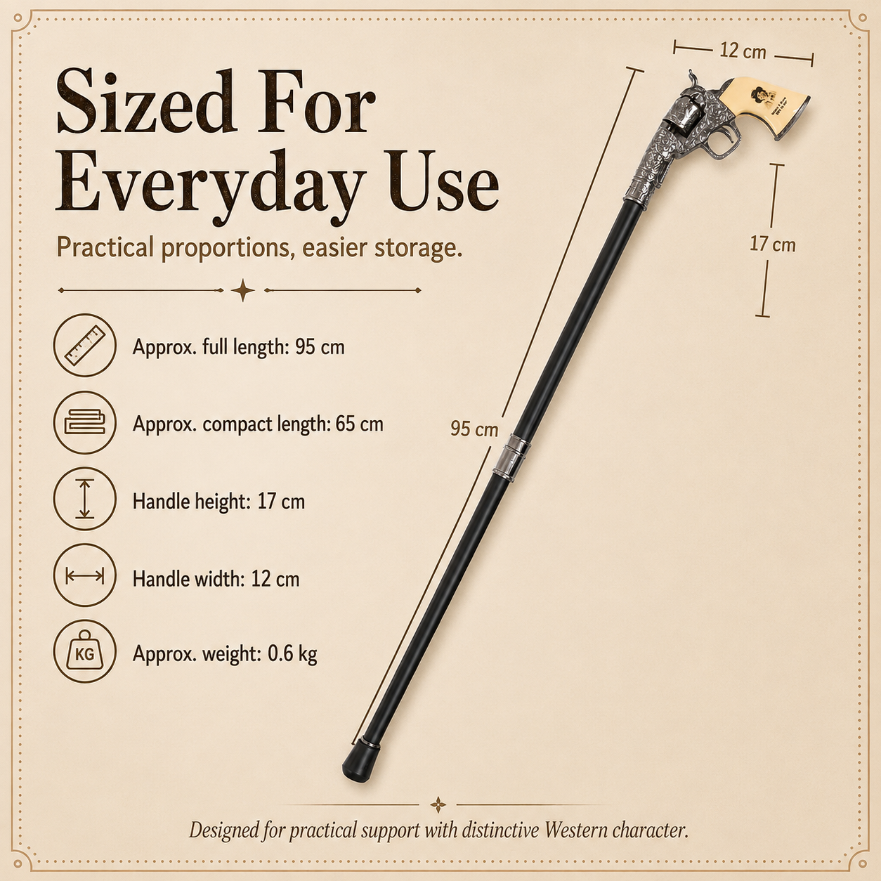 🤠 Western Revolver Walking Cane – Adjustable Vintage Design