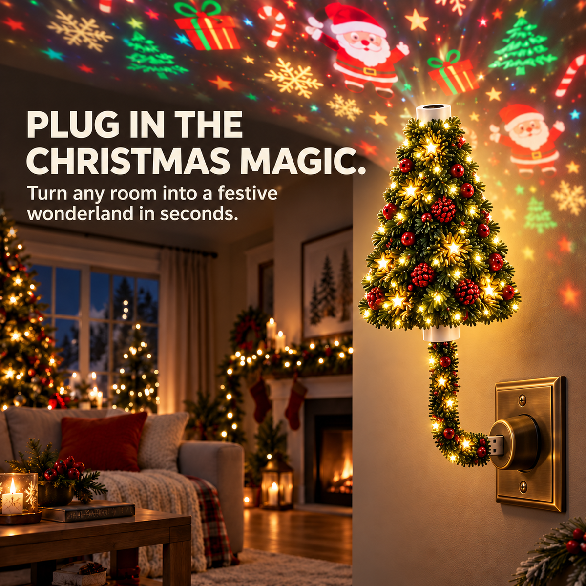 Plug-in Christmas tree projection night light filling a living room with holiday patterns