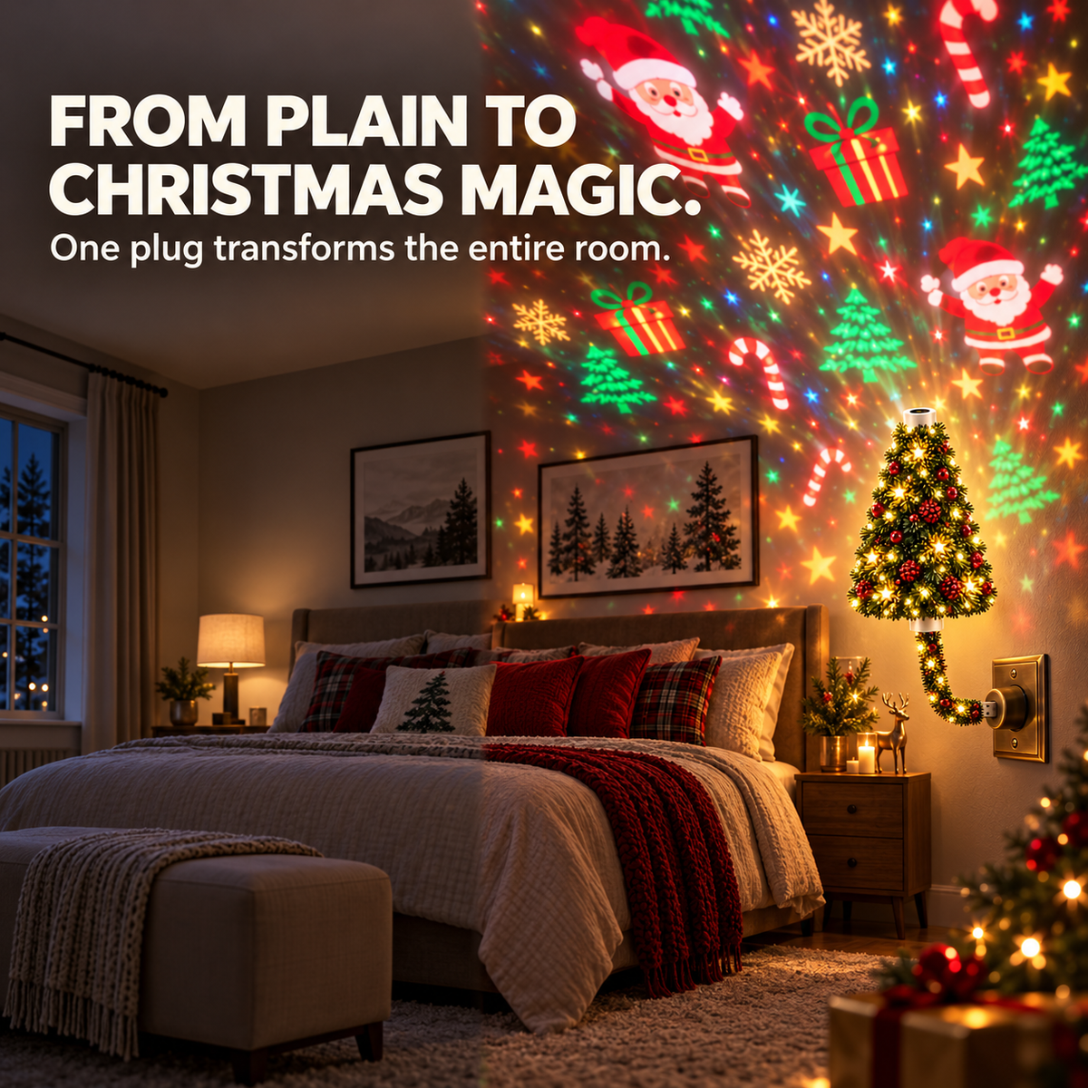 Bedroom transformed by colorful Christmas projection