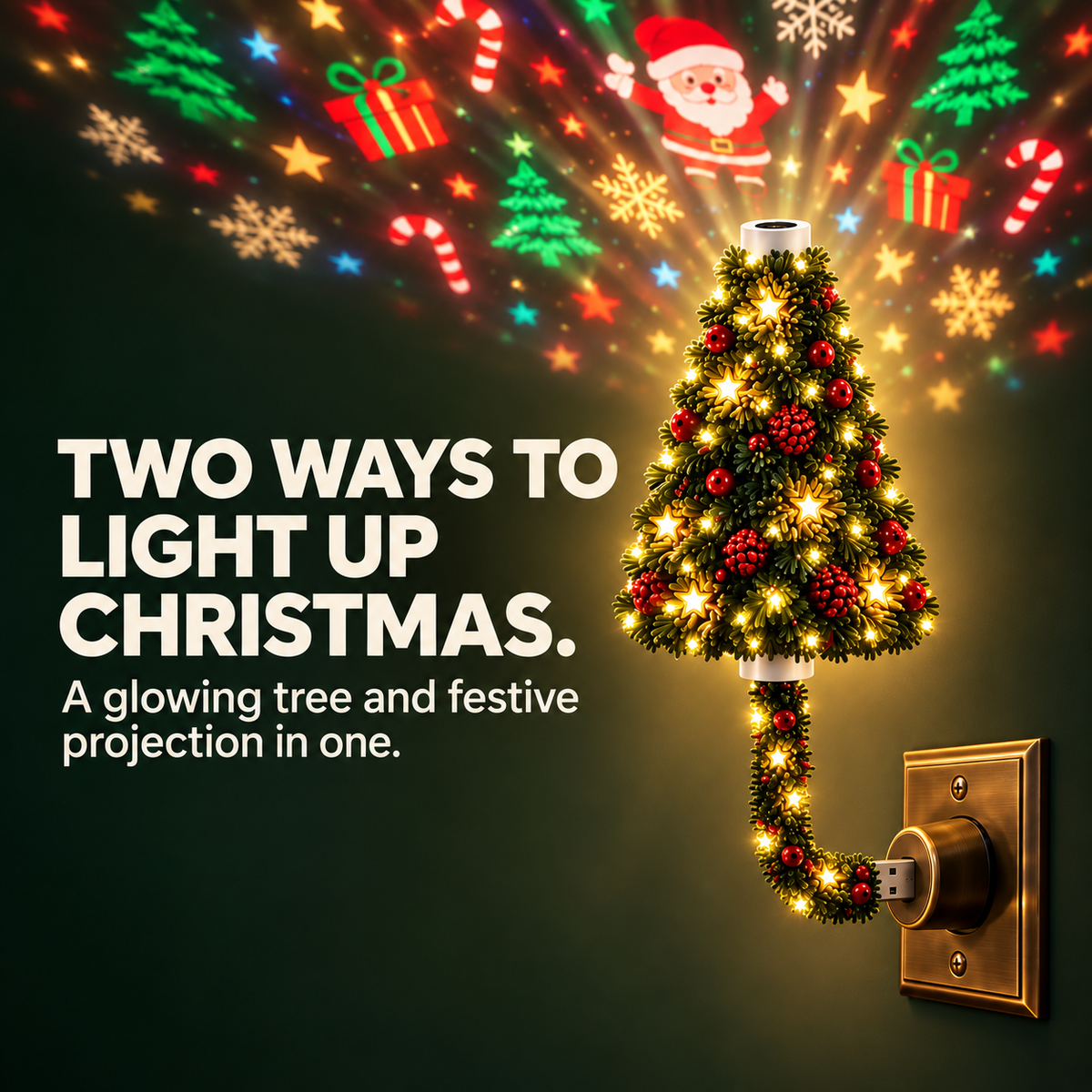 Christmas tree shaped plug-in light with colorful festive projection