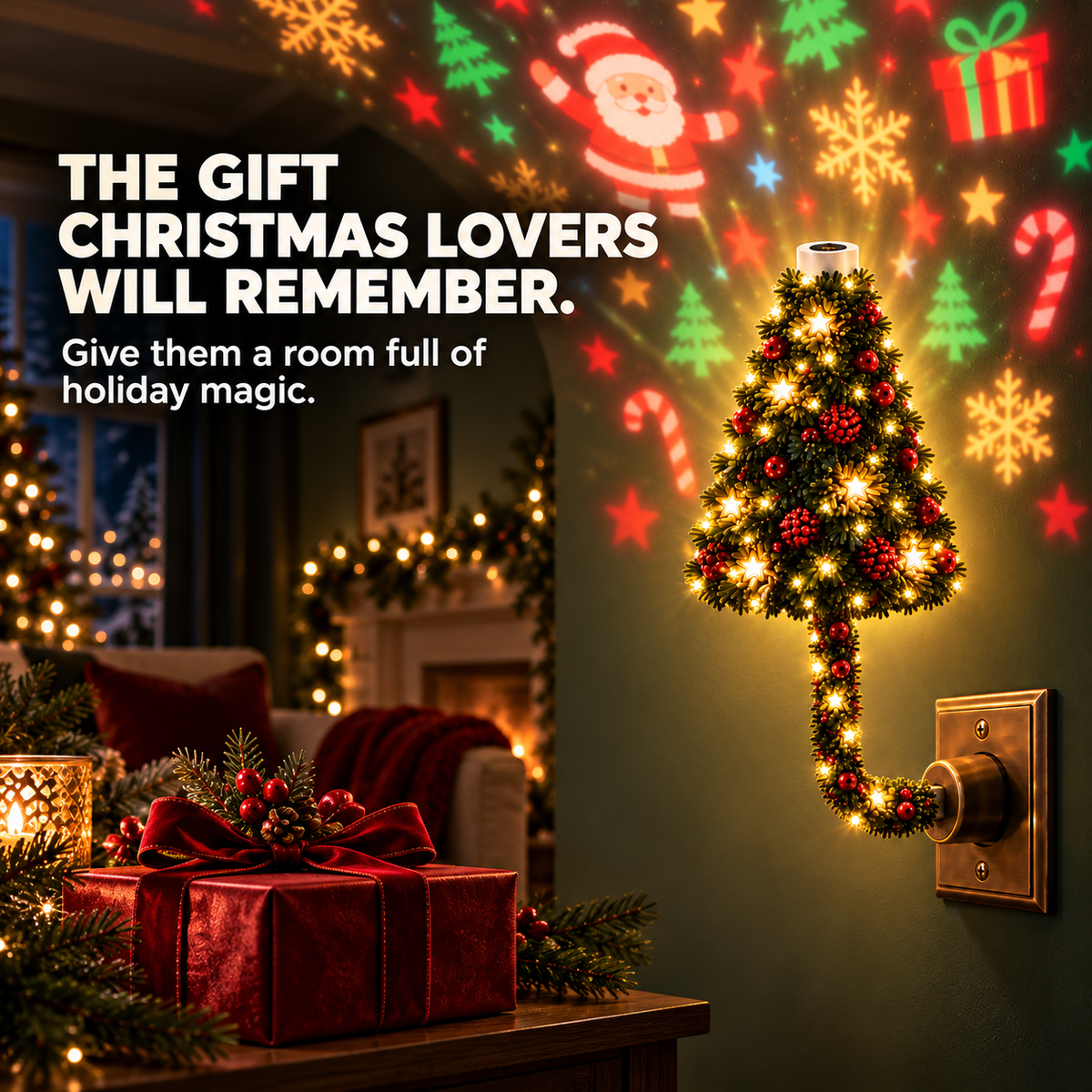 Christmas projection night light displayed beside a holiday gift