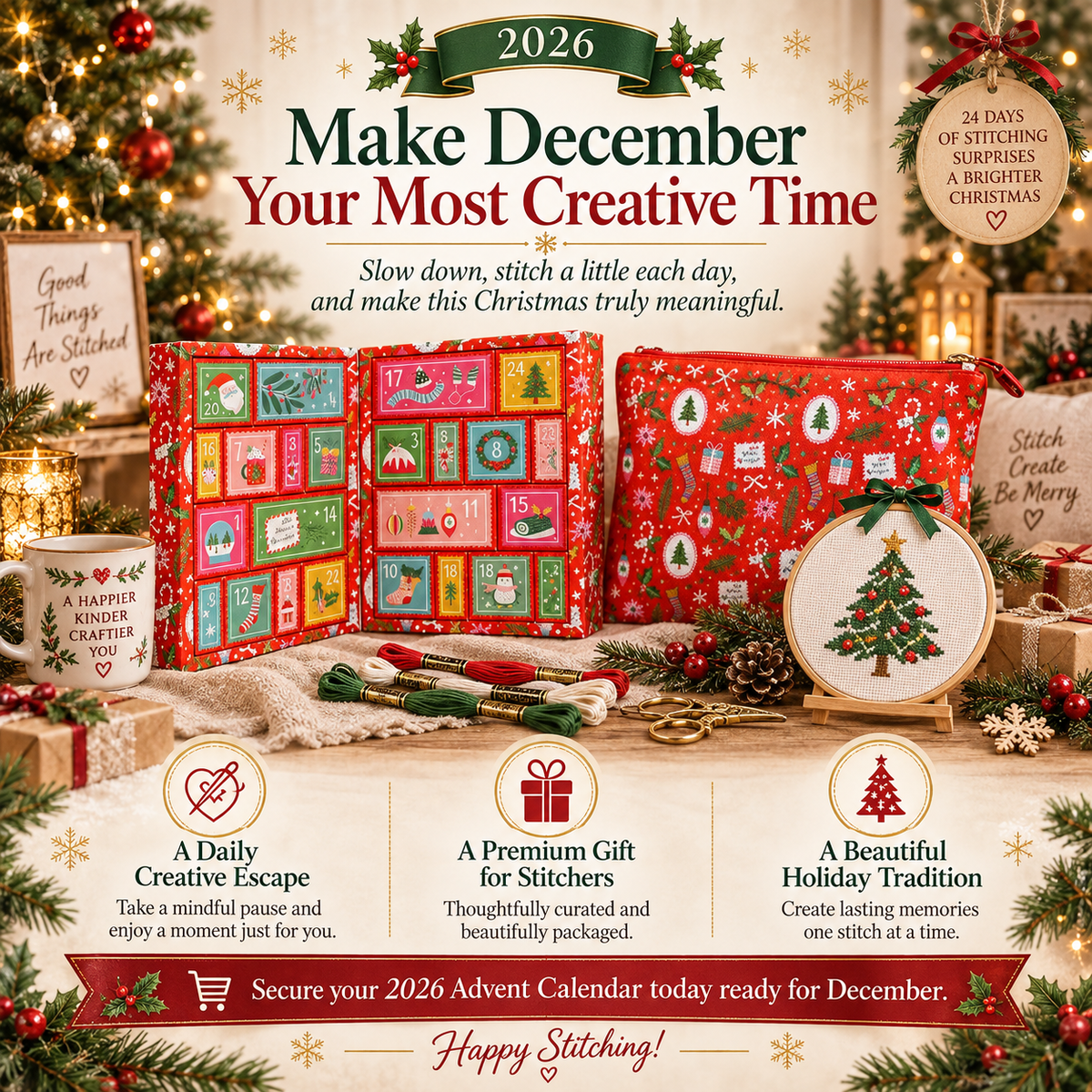 🎄 2026 Cross Stitch Advent Calendar Box – 24 Days of Christmas Crafting Surprises ✨